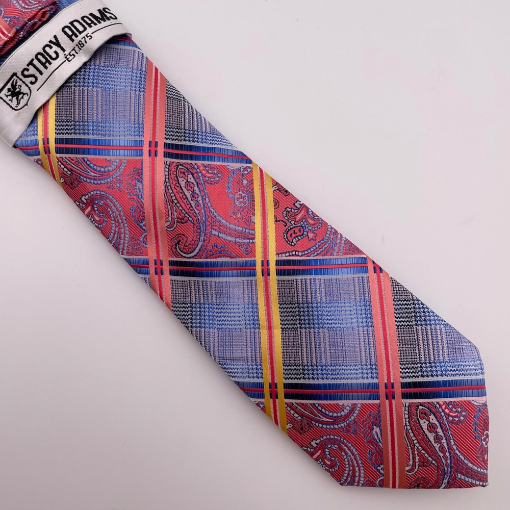 Stacy Adams Mens Paisley‎ Plaid Silk Blend Tie Pocket Square Set NEW